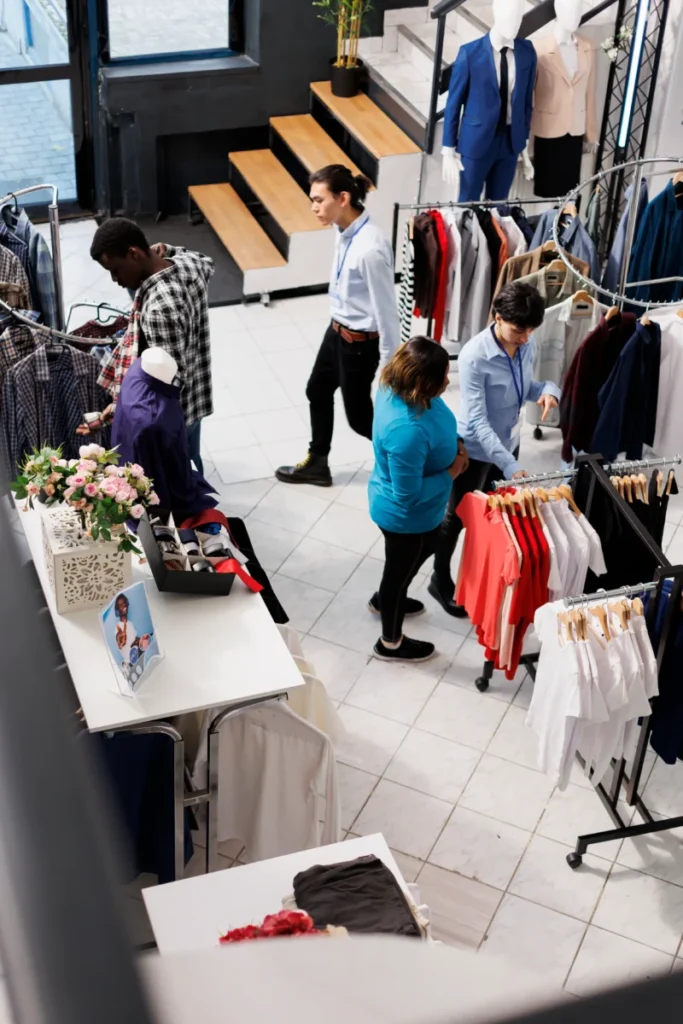 vista-superior-dos-clientes-em-boutiques-modernas-comprando-roupas-elegantes-pessoas-olhando-para-cabides-cheios-de-da-moda-na-loja-merchandising